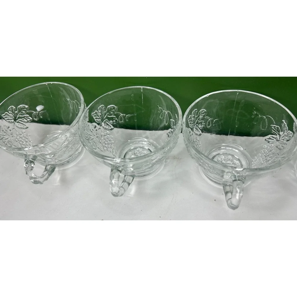 Vintage Clear Pressed Glass Grape Harvest Punch Bowl Set with 5 Cups and Ladle
